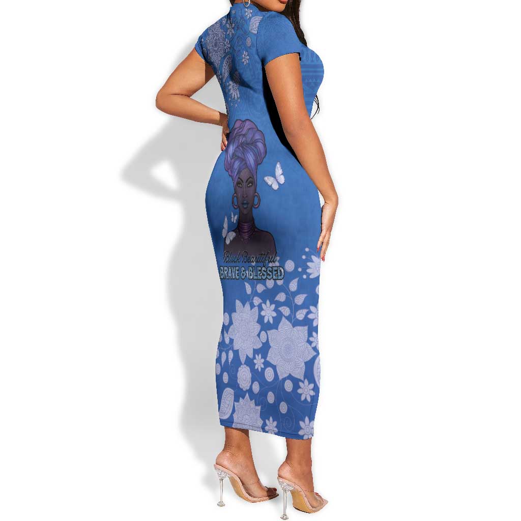 African Women Black Beautiful Brave and Bressed - Blue Color Short Sleeve Bodycon Dress - African Pride