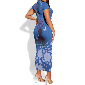 African Women Black Beautiful Brave and Bressed - Blue Color Short Sleeve Bodycon Dress - African Pride