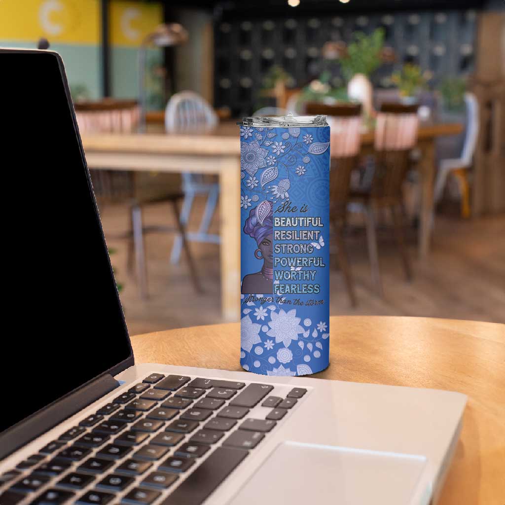 African Women Black Beautiful Brave and Bressed - Blue Color Skinny Tumbler - African Pride