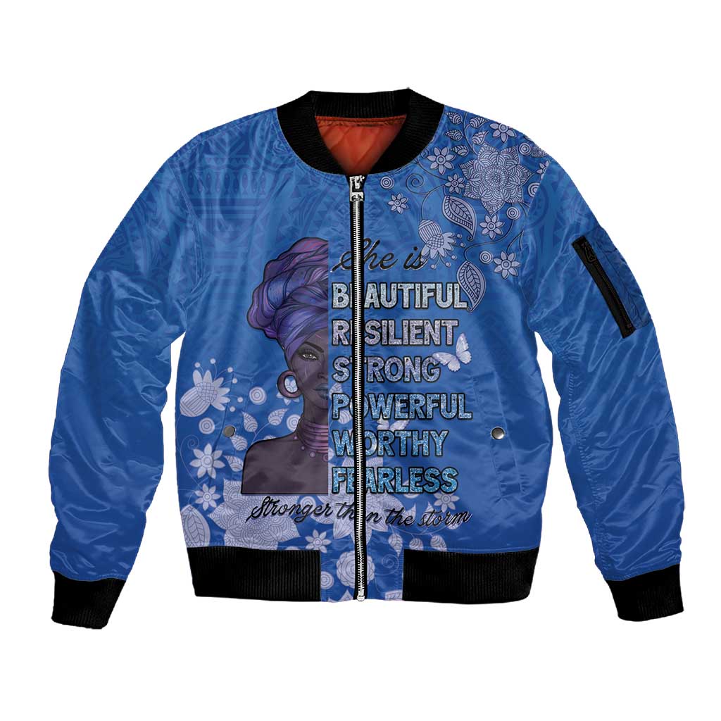 African Women Black Beautiful Brave and Bressed - Blue Color Sleeve Zip Bomber Jacket - African Pride
