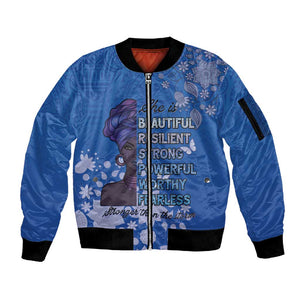 African Women Black Beautiful Brave and Bressed - Blue Color Sleeve Zip Bomber Jacket - African Pride