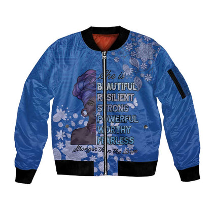 African Women Black Beautiful Brave and Bressed - Blue Color Sleeve Zip Bomber Jacket - African Pride