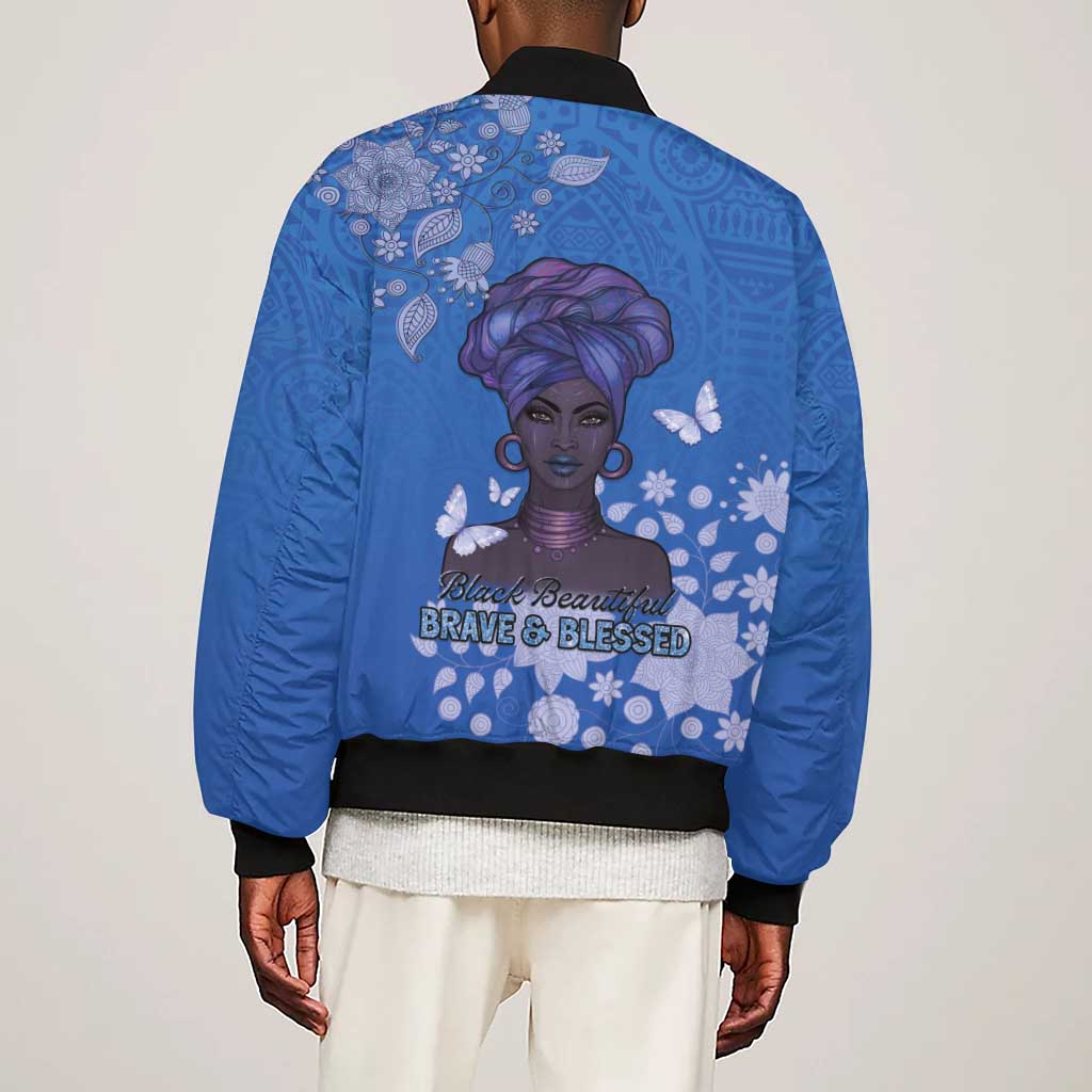 African Women Black Beautiful Brave and Bressed - Blue Color Sleeve Zip Bomber Jacket - African Pride