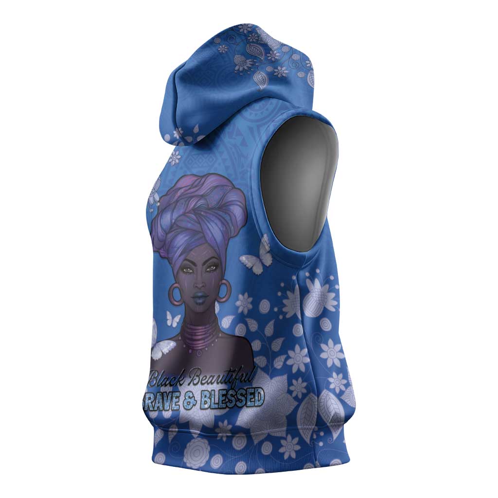 African Women Black Beautiful Brave and Bressed - Blue Color Sleeveless Hoodie - African Pride