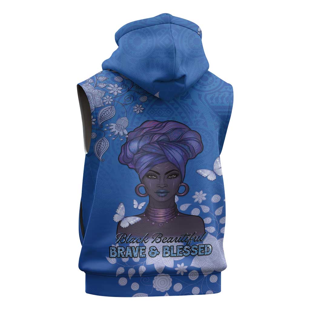 African Women Black Beautiful Brave and Bressed - Blue Color Sleeveless Zip Hoodie - African Pride