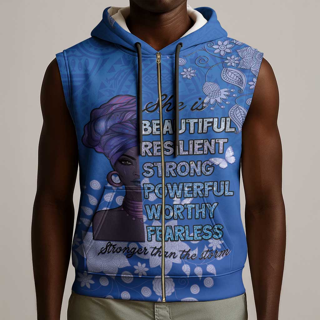 African Women Black Beautiful Brave and Bressed - Blue Color Sleeveless Zip Hoodie - African Pride