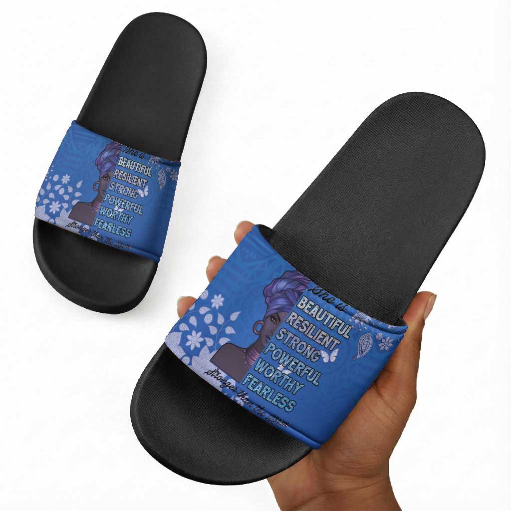 African Women Slide Sandals Black Beautiful Brave and Bressed - Blue Color