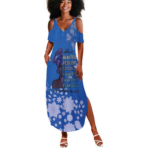 African Women Black Beautiful Brave and Bressed - Blue Color Summer Maxi Dress - African Pride