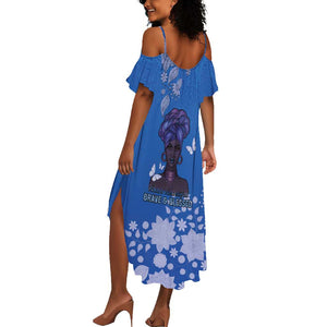 African Women Black Beautiful Brave and Bressed - Blue Color Summer Maxi Dress - African Pride