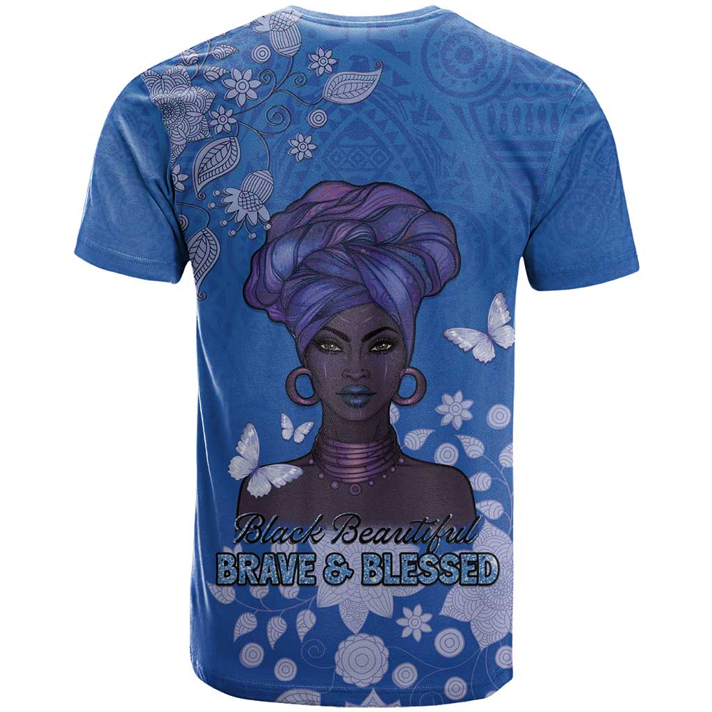 African Women Black Beautiful Brave and Bressed - Blue Color T shirt - African Pride