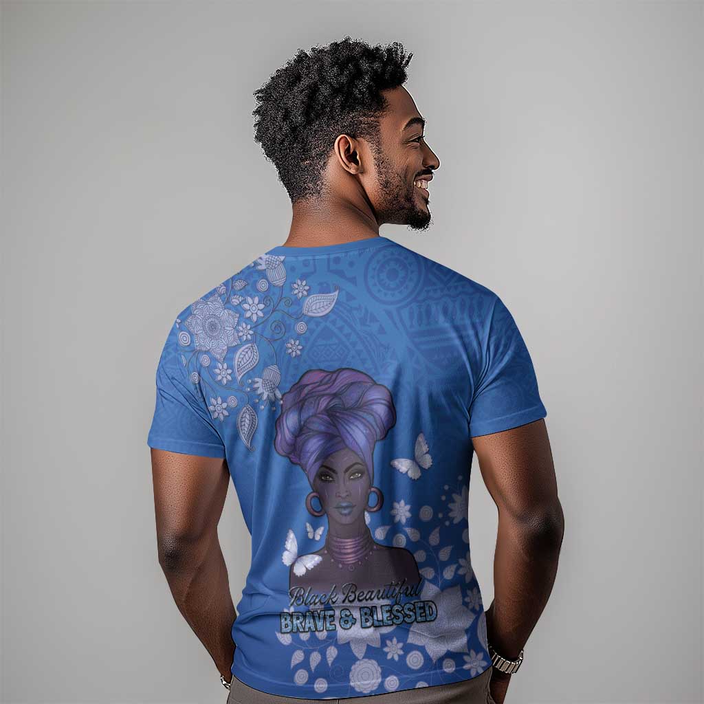 African Women Black Beautiful Brave and Bressed - Blue Color T shirt - African Pride