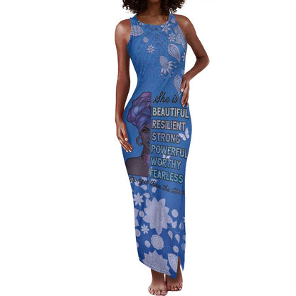 African Women Black Beautiful Brave and Bressed - Blue Color Tank Maxi Dress - African Pride