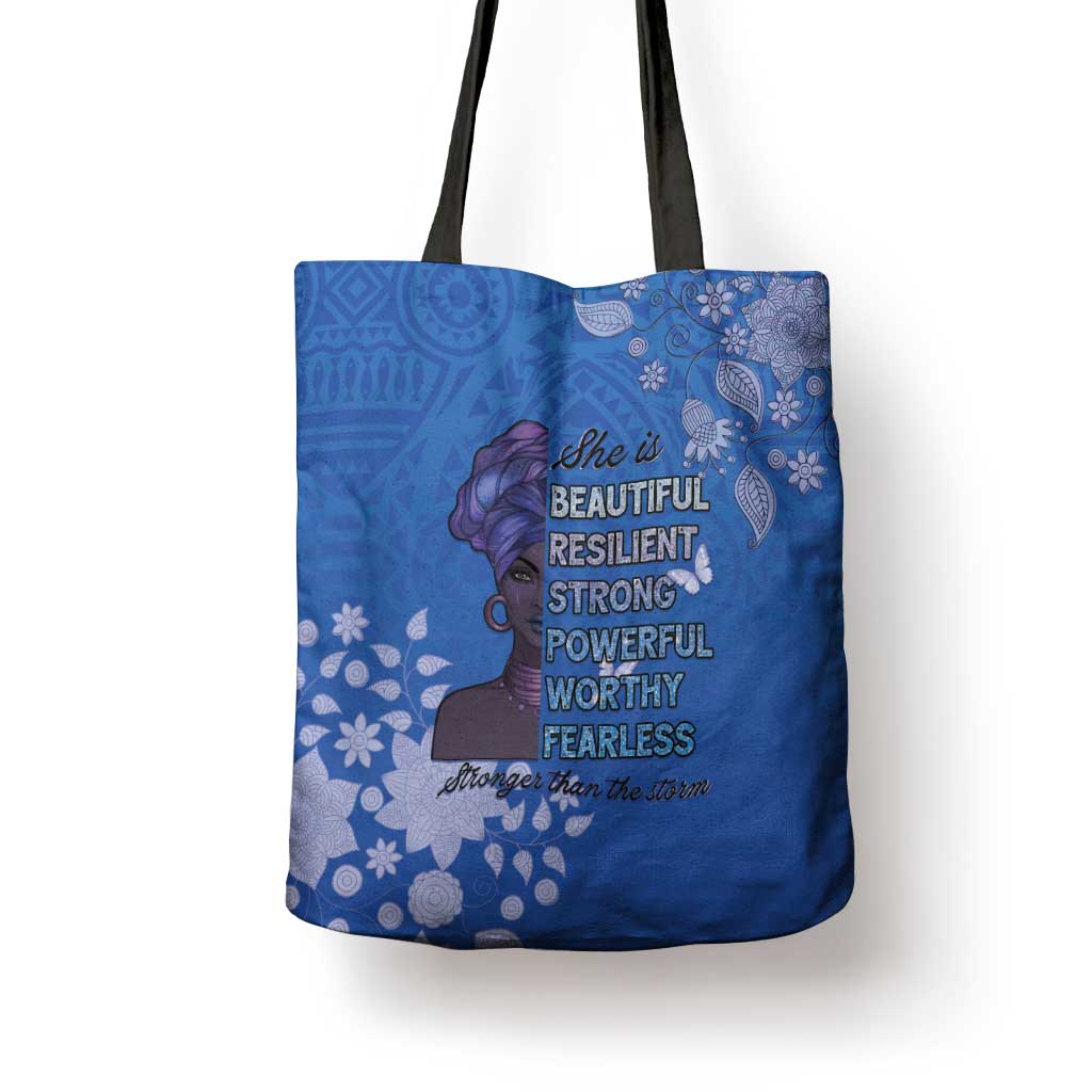 African Women Tote Bag Black Beautiful Brave and Bressed - Blue Color