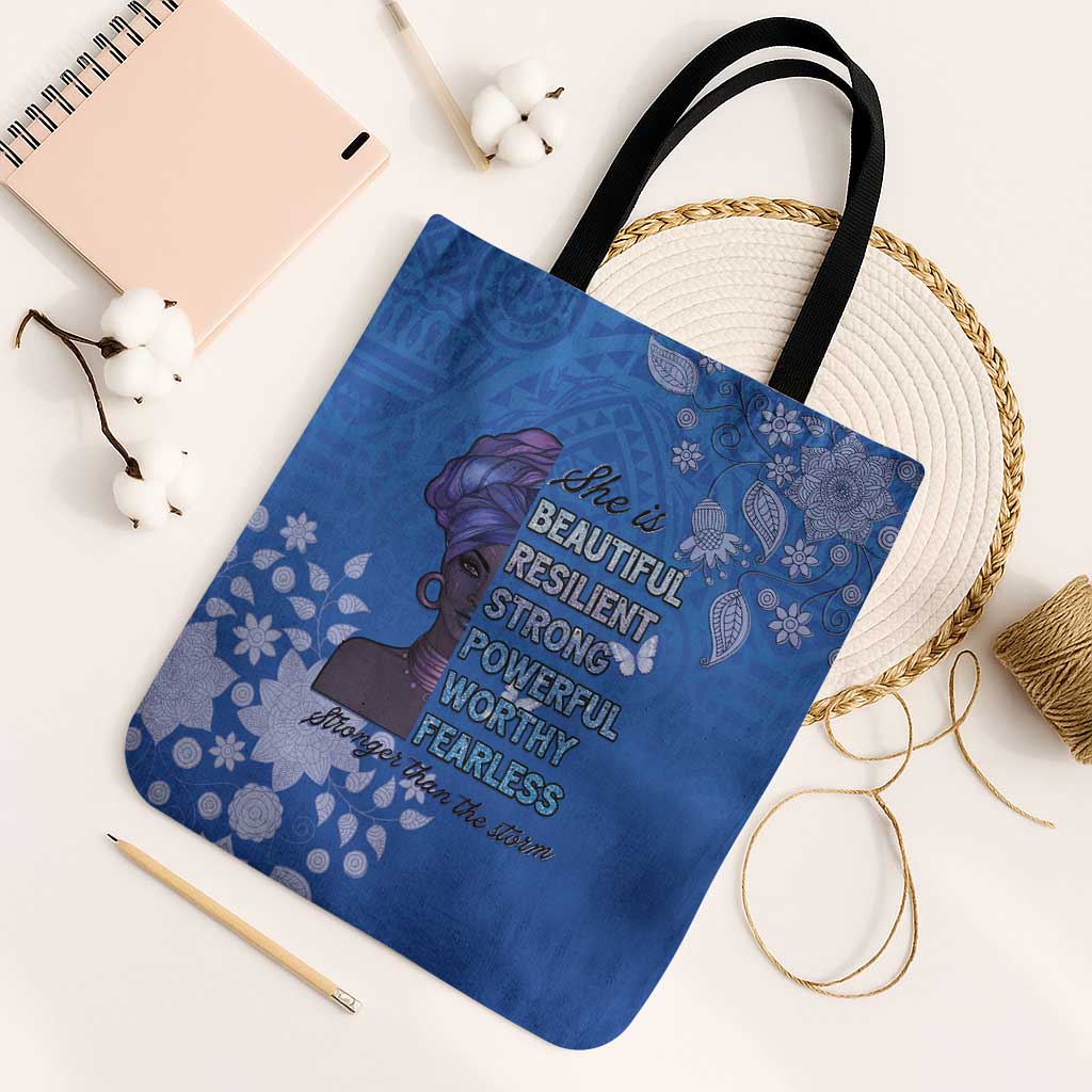 African Women Tote Bag Black Beautiful Brave and Bressed - Blue Color