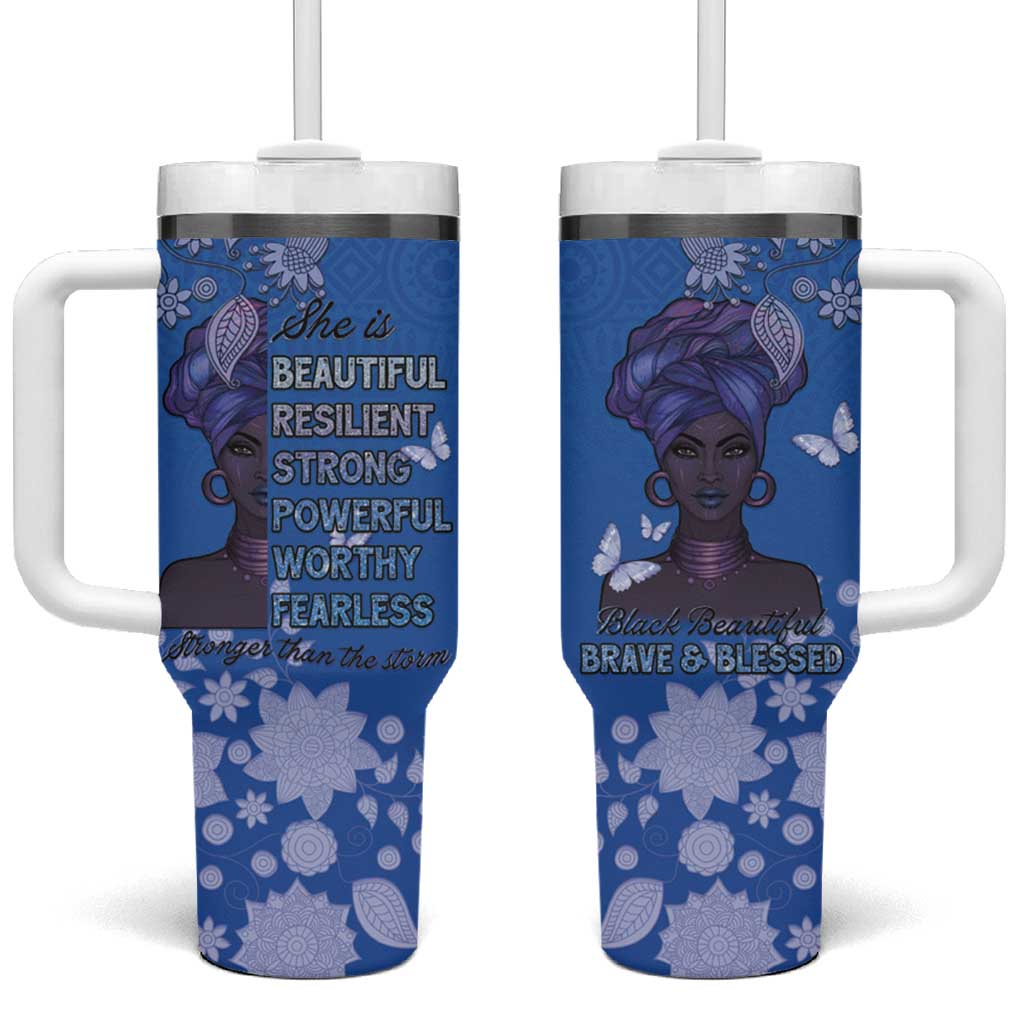 African Women Black Beautiful Brave and Bressed - Blue Color Tumbler With Handle - African Pride