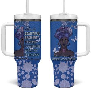 African Women Black Beautiful Brave and Bressed - Blue Color Tumbler With Handle - African Pride