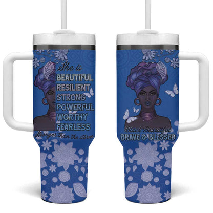 African Women Black Beautiful Brave and Bressed - Blue Color Tumbler With Handle - African Pride