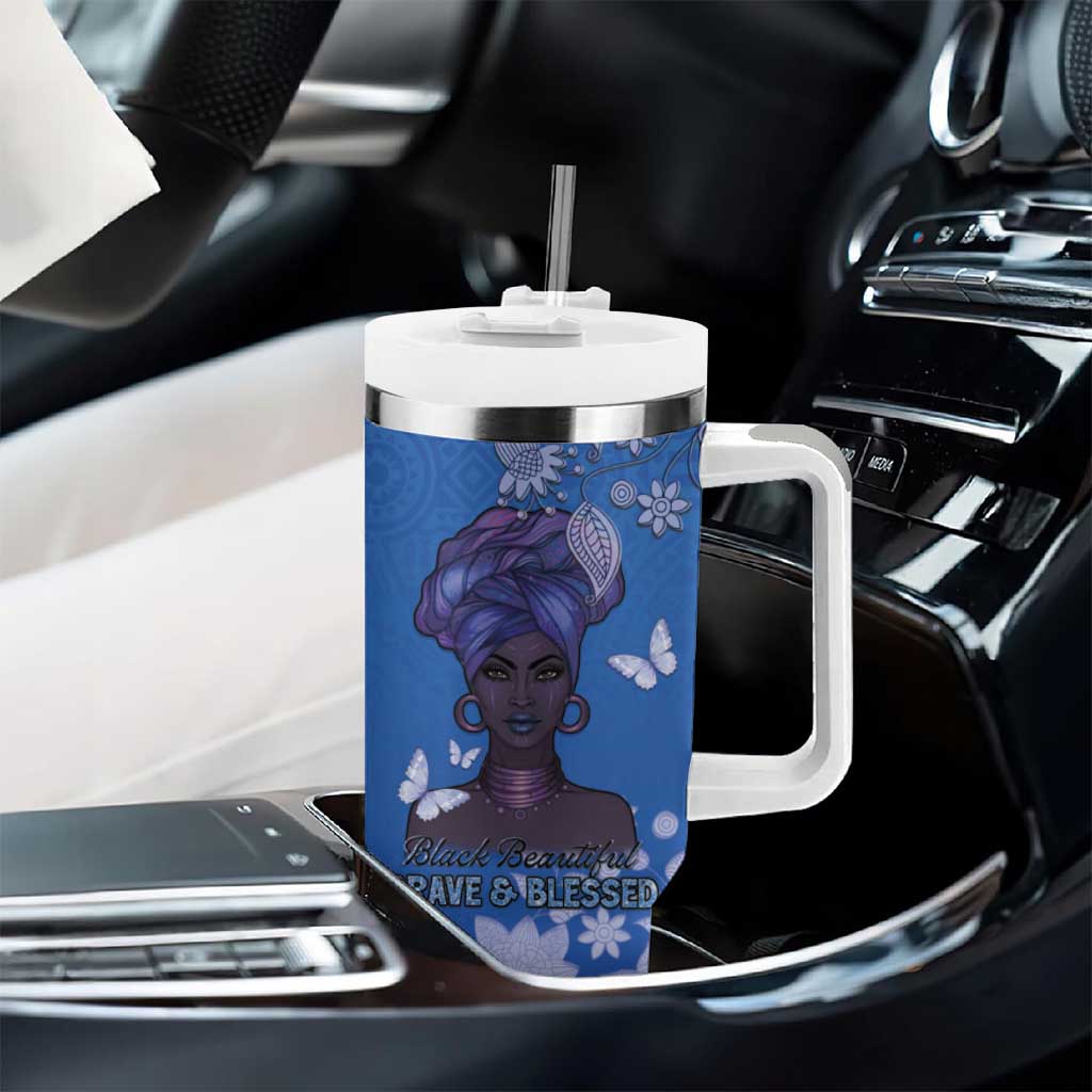 African Women Black Beautiful Brave and Bressed - Blue Color Tumbler With Handle - African Pride