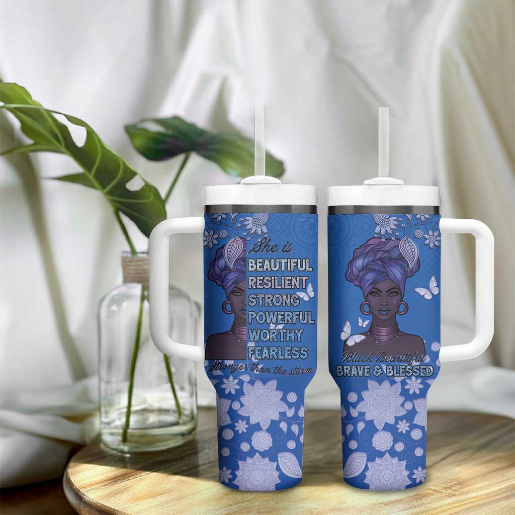 African Women Black Beautiful Brave and Bressed - Blue Color Tumbler With Handle - African Pride