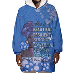 African Women Black Beautiful Brave and Bressed - Blue Color Wearable Blanket Hoodie - African Pride