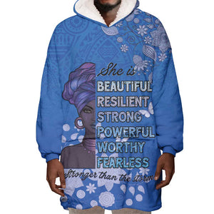African Women Black Beautiful Brave and Bressed - Blue Color Wearable Blanket Hoodie - African Pride