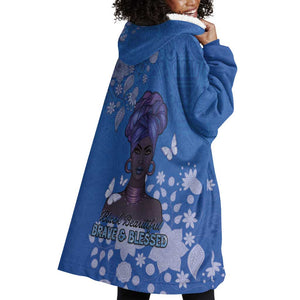 African Women Black Beautiful Brave and Bressed - Blue Color Wearable Blanket Hoodie - African Pride
