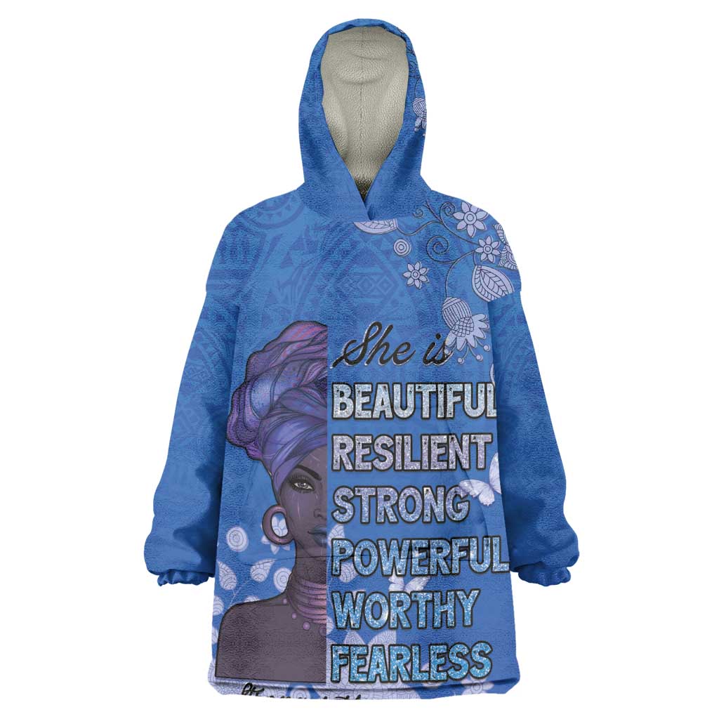 African Women Black Beautiful Brave and Bressed - Blue Color Wearable Blanket Hoodie - African Pride