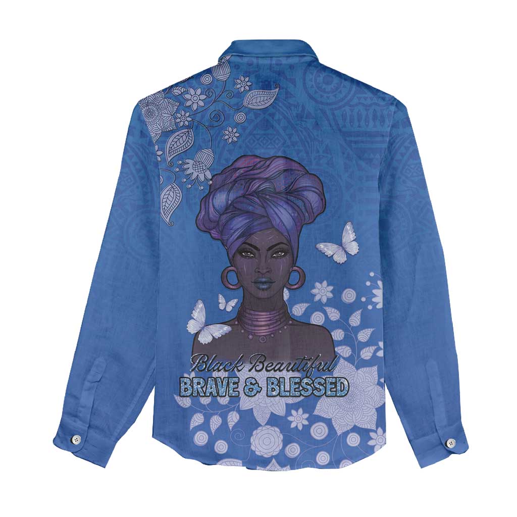 African Women Black Beautiful Brave and Bressed - Blue Color Women Casual Shirt - African Pride