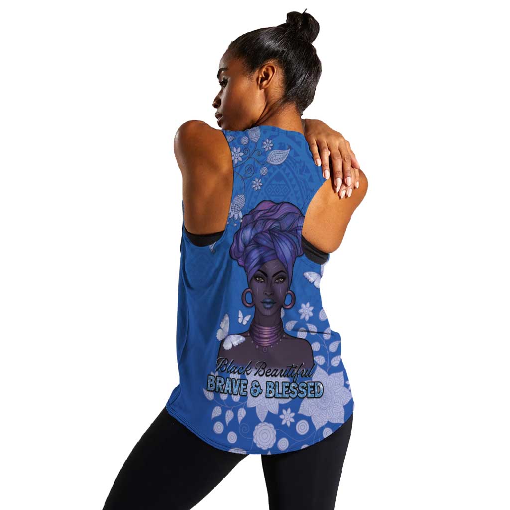 African Women Black Beautiful Brave and Bressed - Blue Color Women Racerback Tank - African Pride