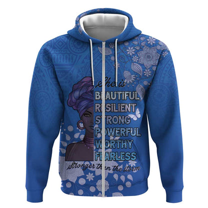 African Women Black Beautiful Brave and Bressed - Blue Color Zip Hoodie - African Pride