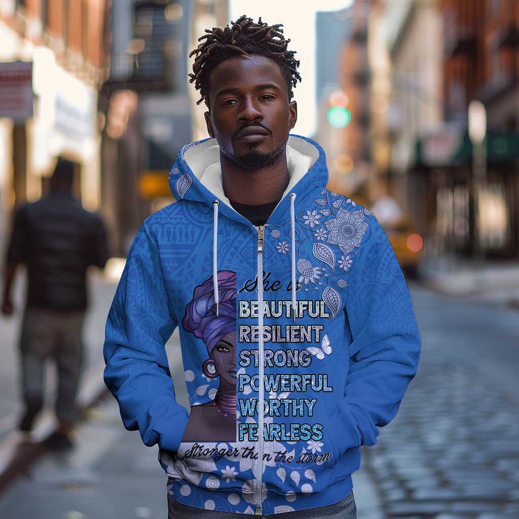 African Women Black Beautiful Brave and Bressed - Blue Color Zip Hoodie - African Pride