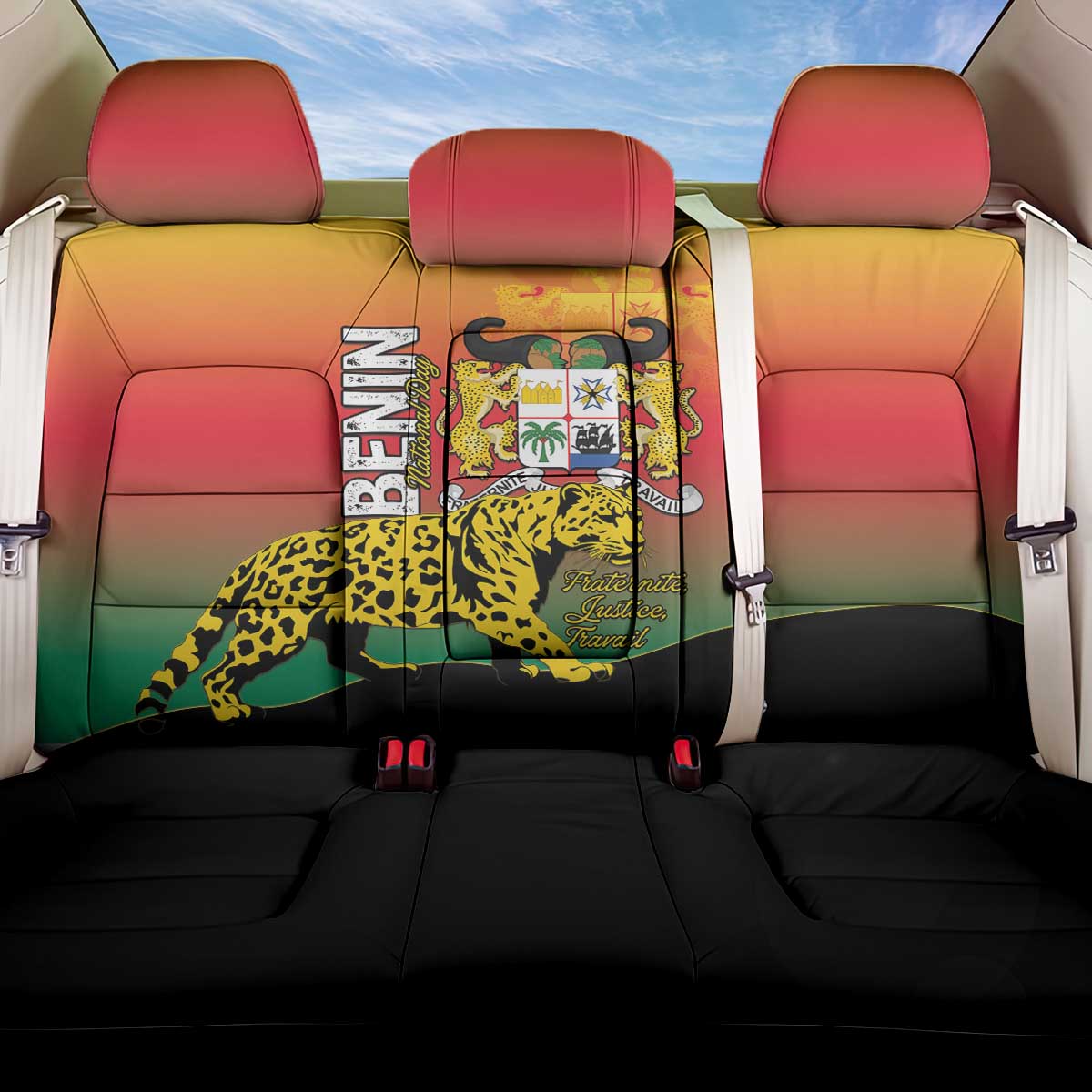 Benin National Day Back Car Seat Cover Leopard With Coat Of Arms - African Pride