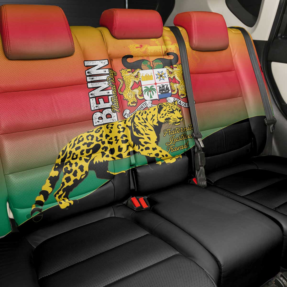 Benin National Day Back Car Seat Cover Leopard With Coat Of Arms - African Pride