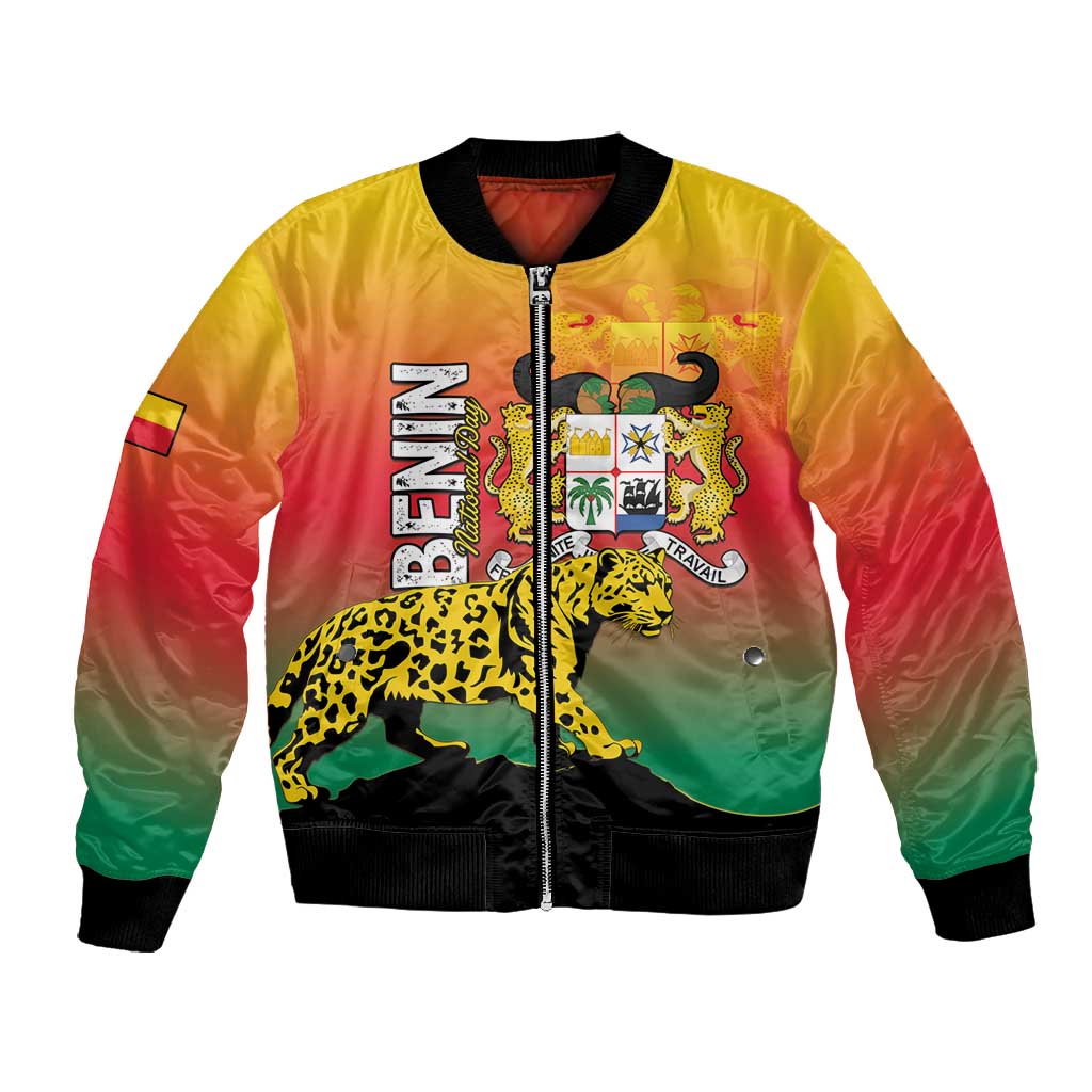 Personalized Benin National Day Bomber Jacket Leopard With Coat Of Arms - African Pride