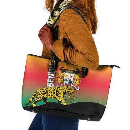 Benin National Day Leather Tote Bag Leopard With Coat Of Arms - African Pride