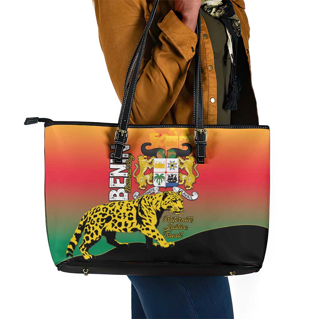 Benin National Day Leather Tote Bag Leopard With Coat Of Arms - African Pride