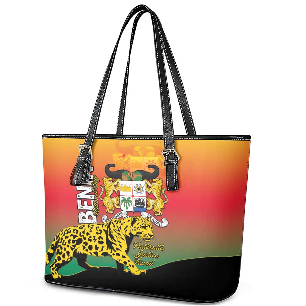 Benin National Day Leather Tote Bag Leopard With Coat Of Arms - African Pride