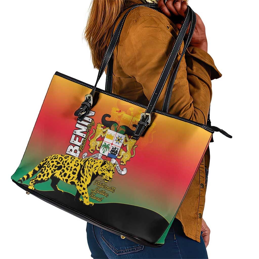 Benin National Day Leather Tote Bag Leopard With Coat Of Arms - African Pride