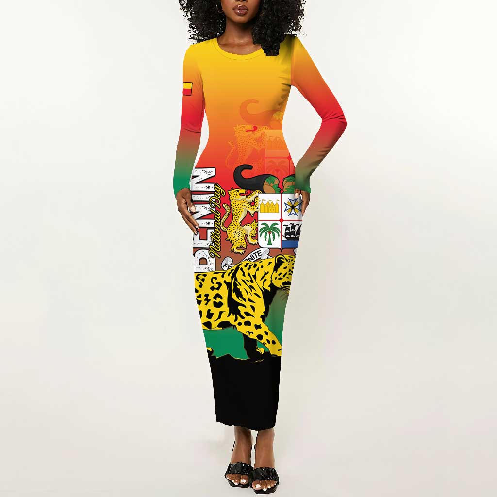 Personalized Benin National Day Long Sleeve Bodycon Dress Leopard With Coat Of Arms - African Pride