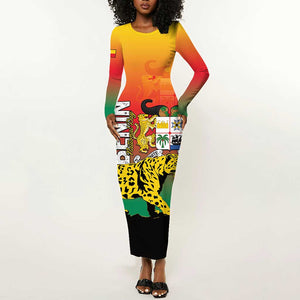 Personalized Benin National Day Long Sleeve Bodycon Dress Leopard With Coat Of Arms - African Pride
