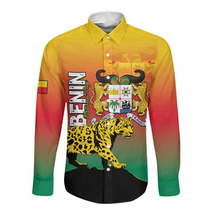 Personalized Benin National Day Long Sleeve Button Shirt Leopard With Coat Of Arms - African Pride