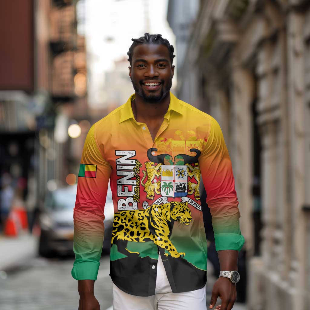 Personalized Benin National Day Long Sleeve Button Shirt Leopard With Coat Of Arms - African Pride