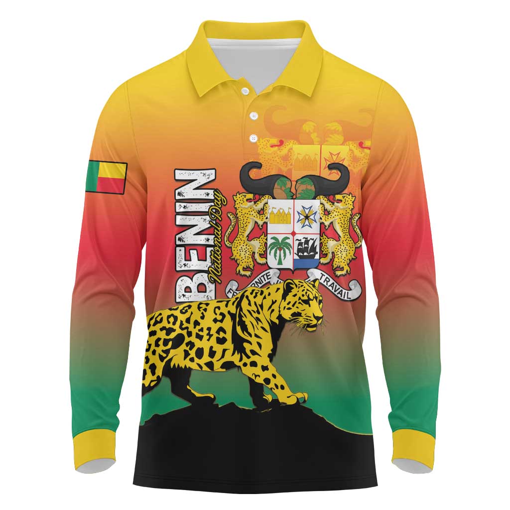 Personalized Benin National Day Long Sleeve Polo Shirt Leopard With Coat Of Arms - African Pride