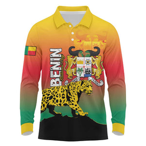 Personalized Benin National Day Long Sleeve Polo Shirt Leopard With Coat Of Arms - African Pride