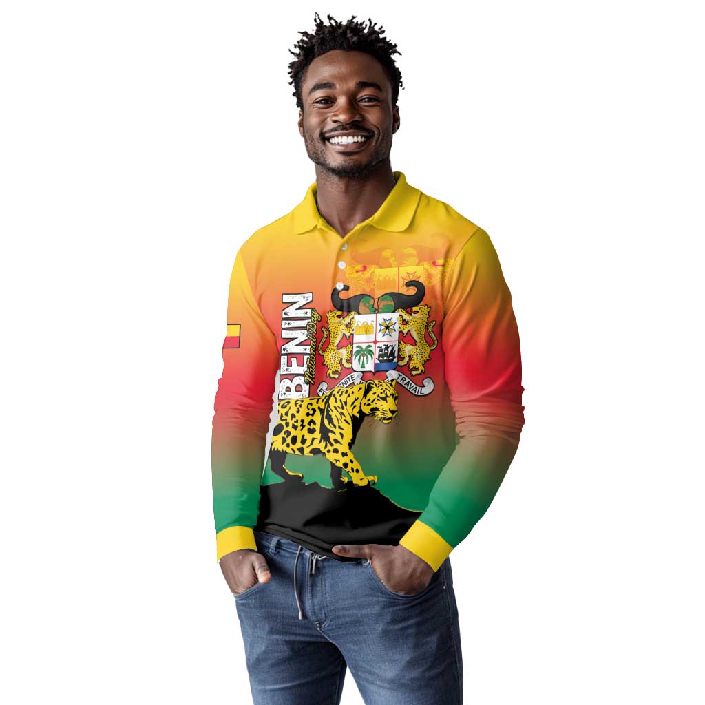 Personalized Benin National Day Long Sleeve Polo Shirt Leopard With Coat Of Arms - African Pride