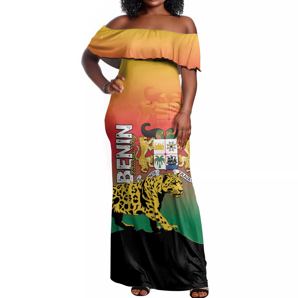 Personalized Benin National Day Off Shoulder Maxi Dress Leopard With Coat Of Arms - African Pride