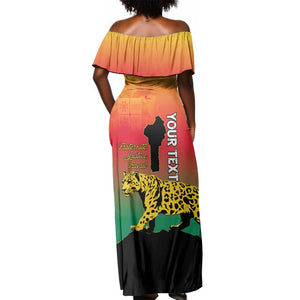 Personalized Benin National Day Off Shoulder Maxi Dress Leopard With Coat Of Arms - African Pride
