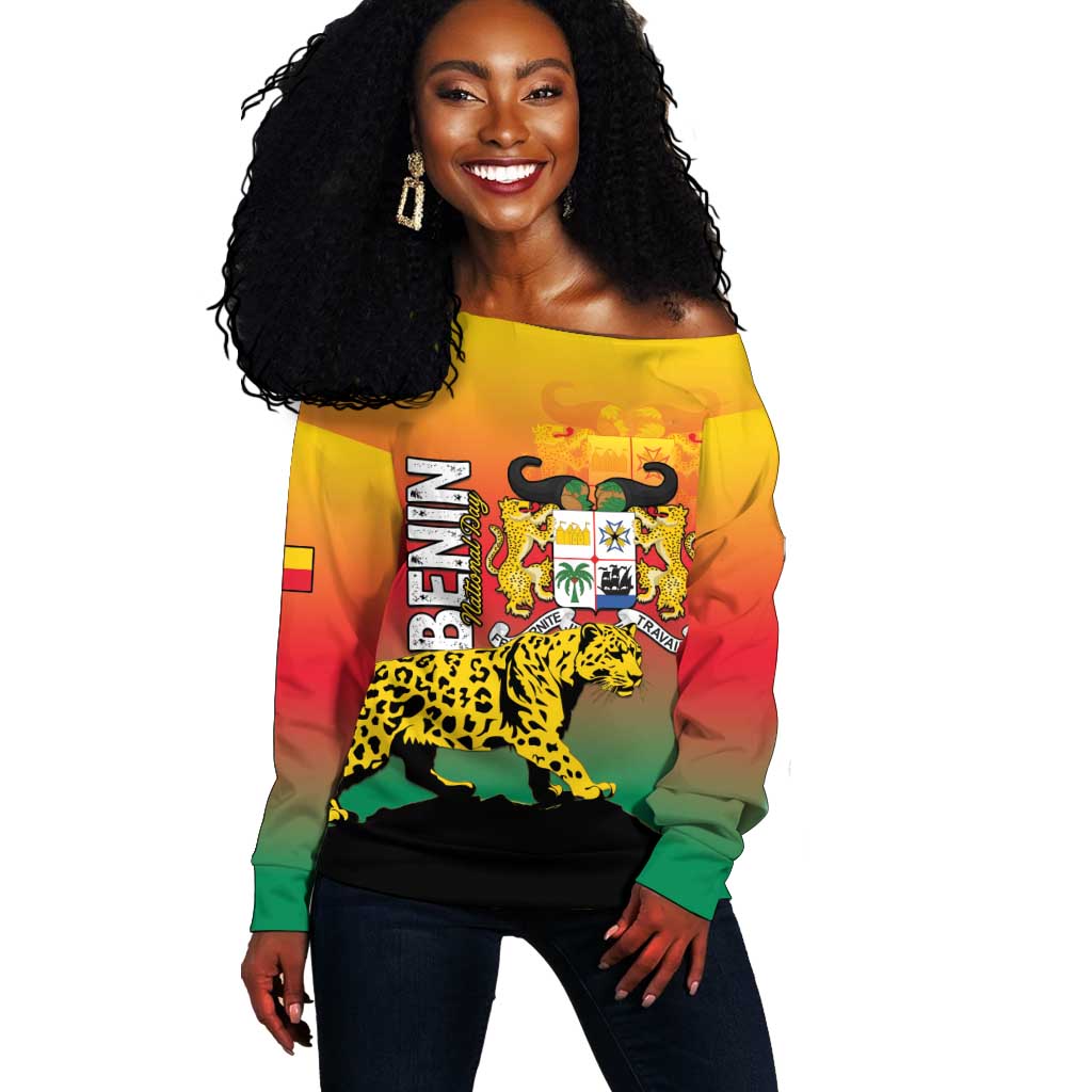Personalized Benin National Day Off Shoulder Sweater Leopard With Coat Of Arms - African Pride