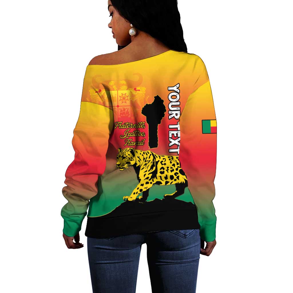 Personalized Benin National Day Off Shoulder Sweater Leopard With Coat Of Arms - African Pride