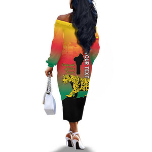 Personalized Benin National Day Off The Shoulder Long Sleeve Dress Leopard With Coat Of Arms - African Pride